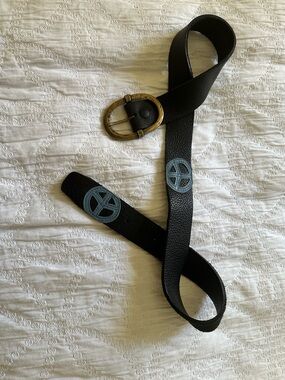 Black Leather Belt with Decorative Blue Embossed Accents